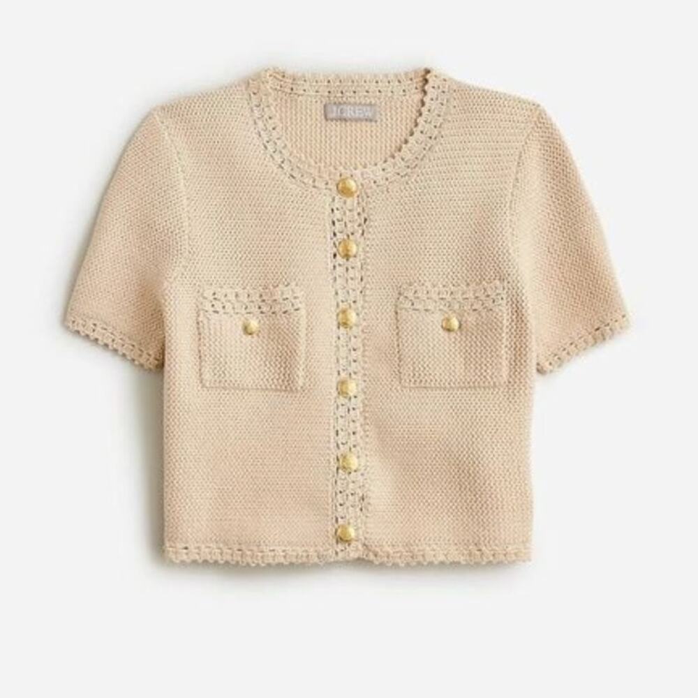 J.Crew Short Sleeve Sweater Lady Jacket Cropped Cotton Blend Gold Buttons Medium